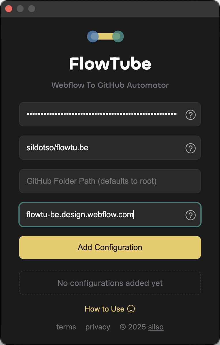 Flowtube - Webflow To GitHub Automator - Chrome Extension UI