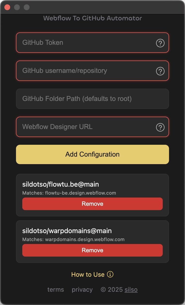 Flowtube - Webflow To GitHub Automator - Chrome Extension UI